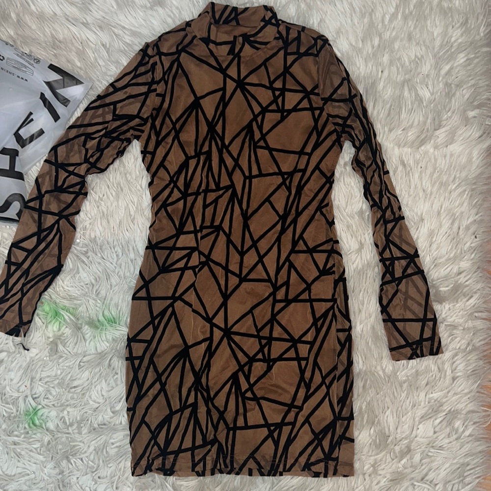 Shein, size medium, brown, geometric patterned, long-sleeve dress